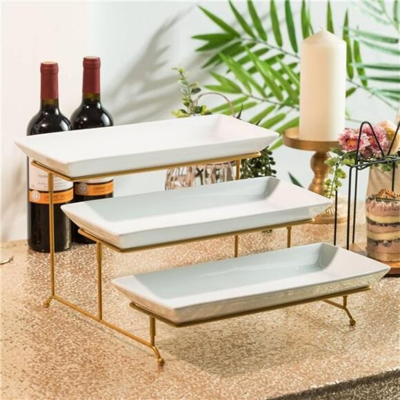 3 Tier Serving Stand with Porcelain Serving Platter Tray -Collapsible Gold Stand - Picture 5 of 7